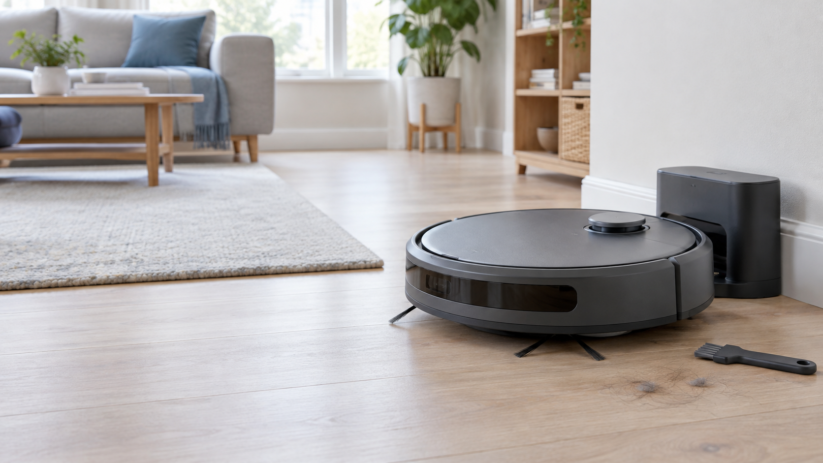 Robot vacuum beside its charging dock in a tidy living room